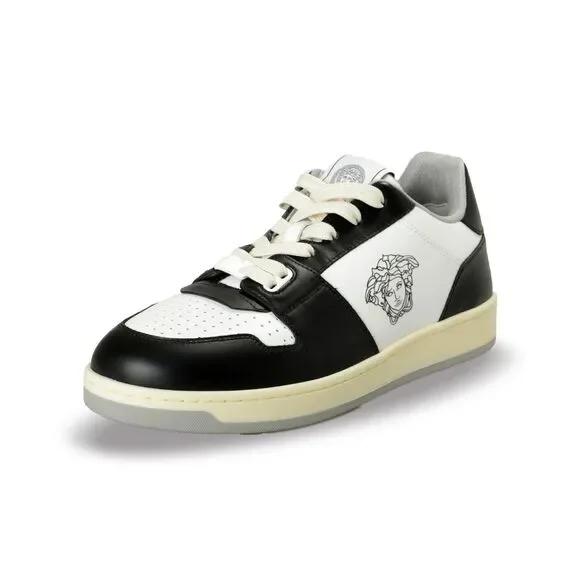 NIB VERSACE BLACK WHITE LEATHER MEDUSA HEAD LOW TOP SNEAKERS US 14 EUR 47 ITALY